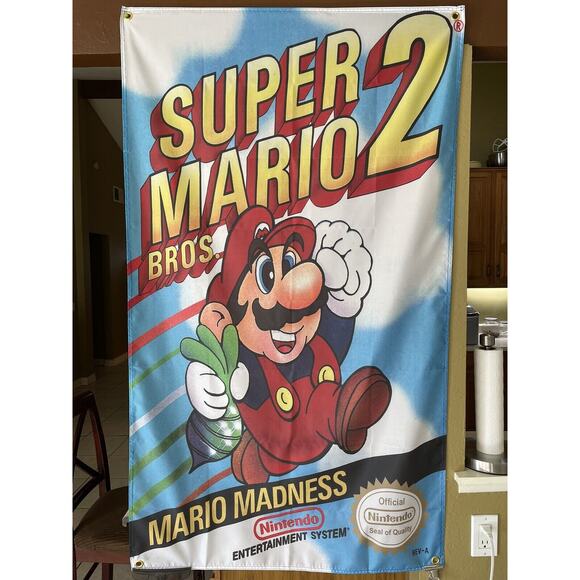 Super Mario Bros. 2 Nintendo NES Boxart 5' Flag Banner Poster 1988 - Picture 1 of 3
